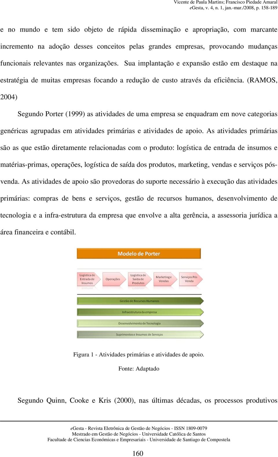 (RAMOS, 2004) Segundo Porter (1999) as atividades de uma empresa se enquadram em nove categorias genéricas agrupadas em atividades primárias e atividades de apoio.