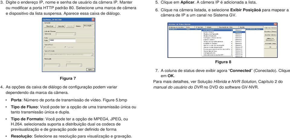 As opções da caixa de diálogo de configuração podem variar dependendo da marca da câmera. 7. A coluna de status deve exibir agora Connected (Conectado). Clique em OK.