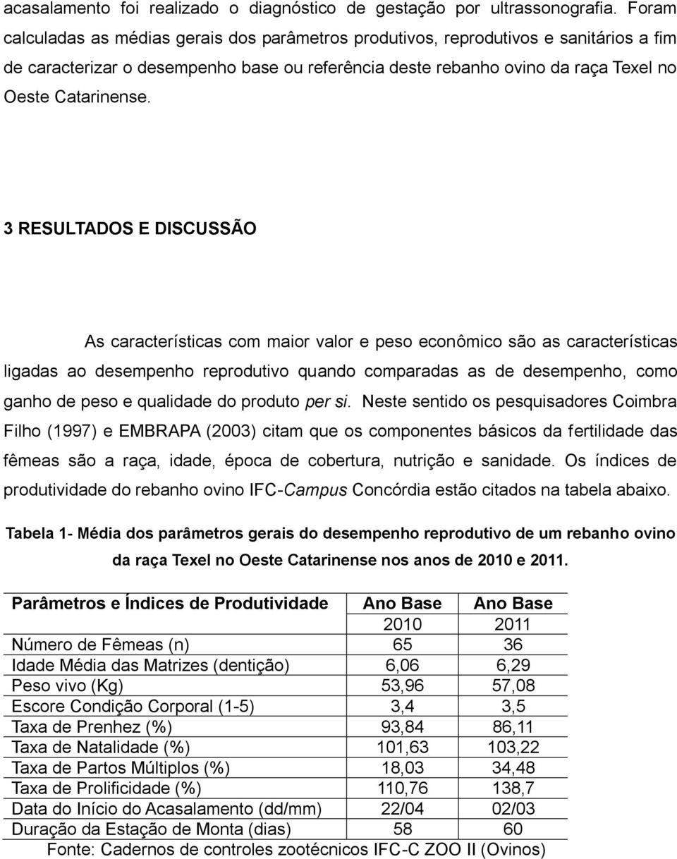 3 RESULTADOS E DISCUSSÃO As características com maior valor e peso econômico são as características ligadas ao desempenho reprodutivo quando comparadas as de desempenho, como ganho de peso e