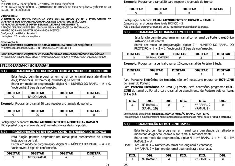 SEQUENCIA DA PROGRAMADA NÚMERO DO RAMAL DEVE TER NO MÁXIMO 6 DÍGITOS Configuração de fábrica: Tabela 1 Limitações: 20 ramais por seqüência Observação 2: PARA ENCONTRAR O NÚMERO DE RAMAL INICIAL DA