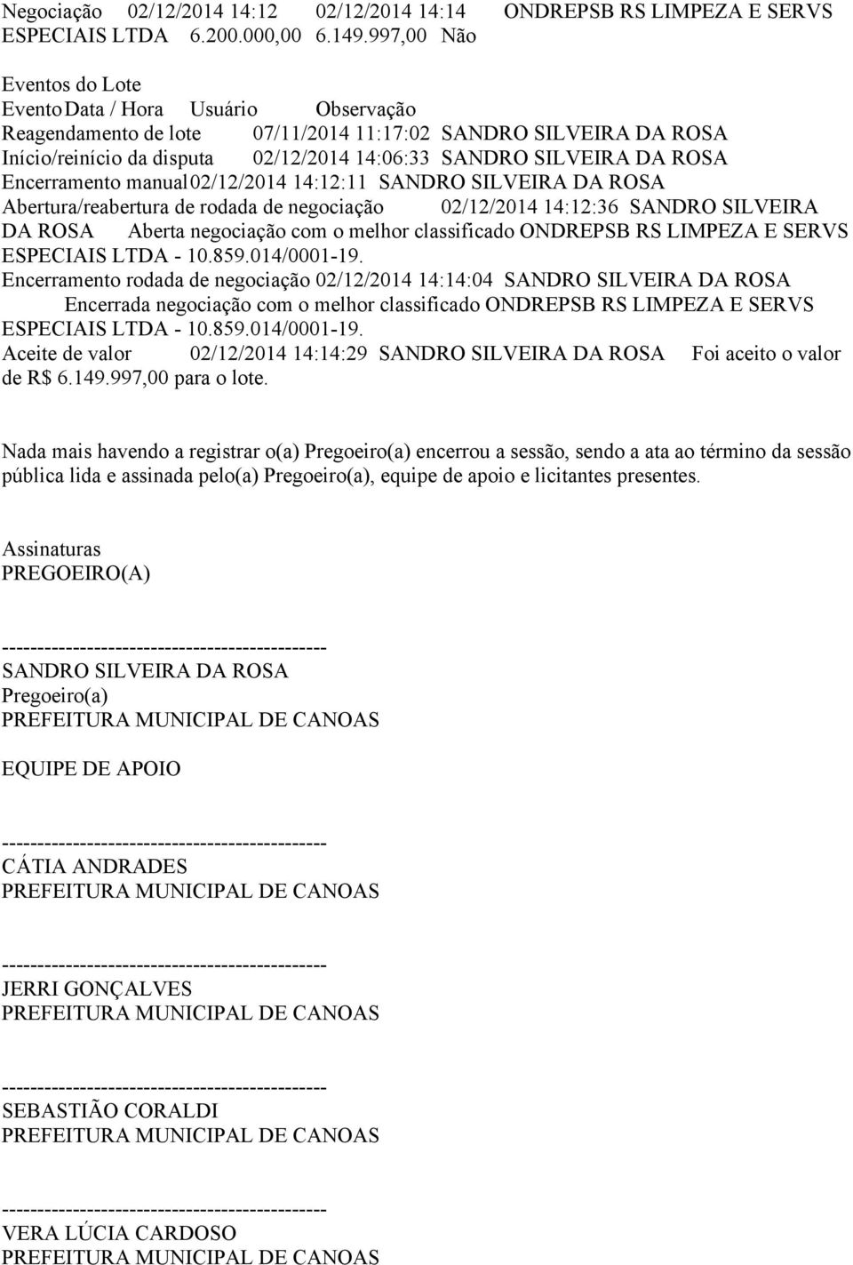 ROSA Encerramento manual02/12/2014 14:12:11 SANDRO SILVEIRA DA ROSA Abertura/reabertura de rodada de negociação 02/12/2014 14:12:36 SANDRO SILVEIRA DA ROSA Aberta negociação com o melhor classificado