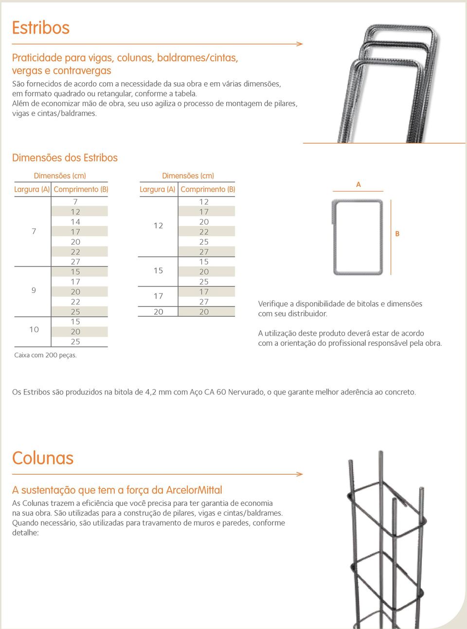 Dimensões dos Estribos 7 9 10 Dimensões (cm) Largura (A) Comprimento (B) 7 12 14 22 22 25 25 Caixa com 0 peças.