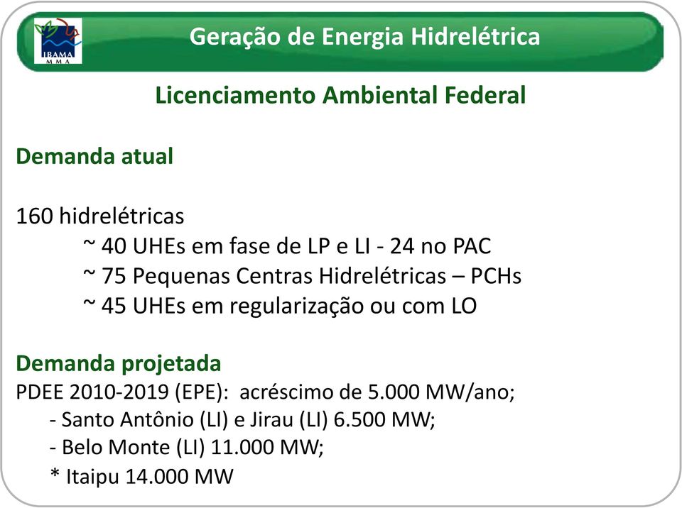 PCHs ~ 45 UHEs em regularização ou com LO Demanda projetada PDEE 2010-2019 (EPE): acréscimo