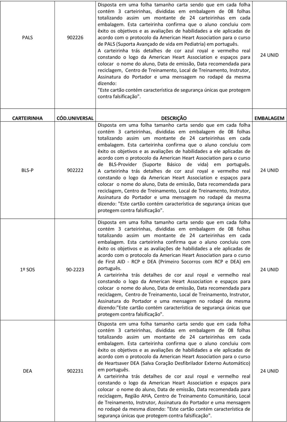 de BLS Provider (Suporte Básico de vida) BLS P 902222 dizendo: "Este cartão contém característica de segurança únicas que 1º