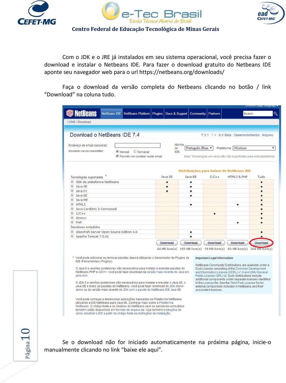 org/downloads/ Faça o download da versão completa do Netbeans clicando no botão / link Download na coluna tudo.