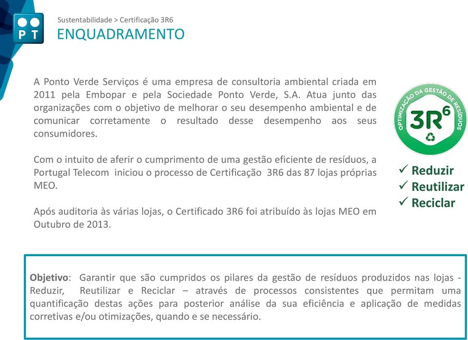 Após auditoria às várias lojas, o Certificado 3R6 foi atribuído às lojas MEO em Outubro de 2013.