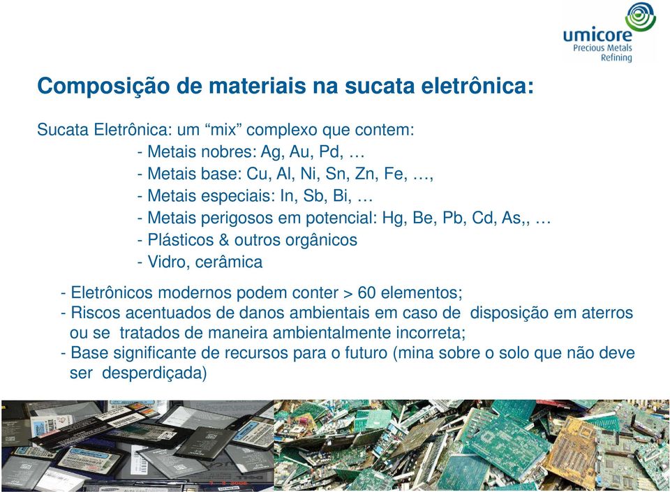 Vidro, cerâmica - Eletrônicos modernos podem conter > 60 elementos; - Riscos acentuados de danos ambientais em caso de disposição em aterros