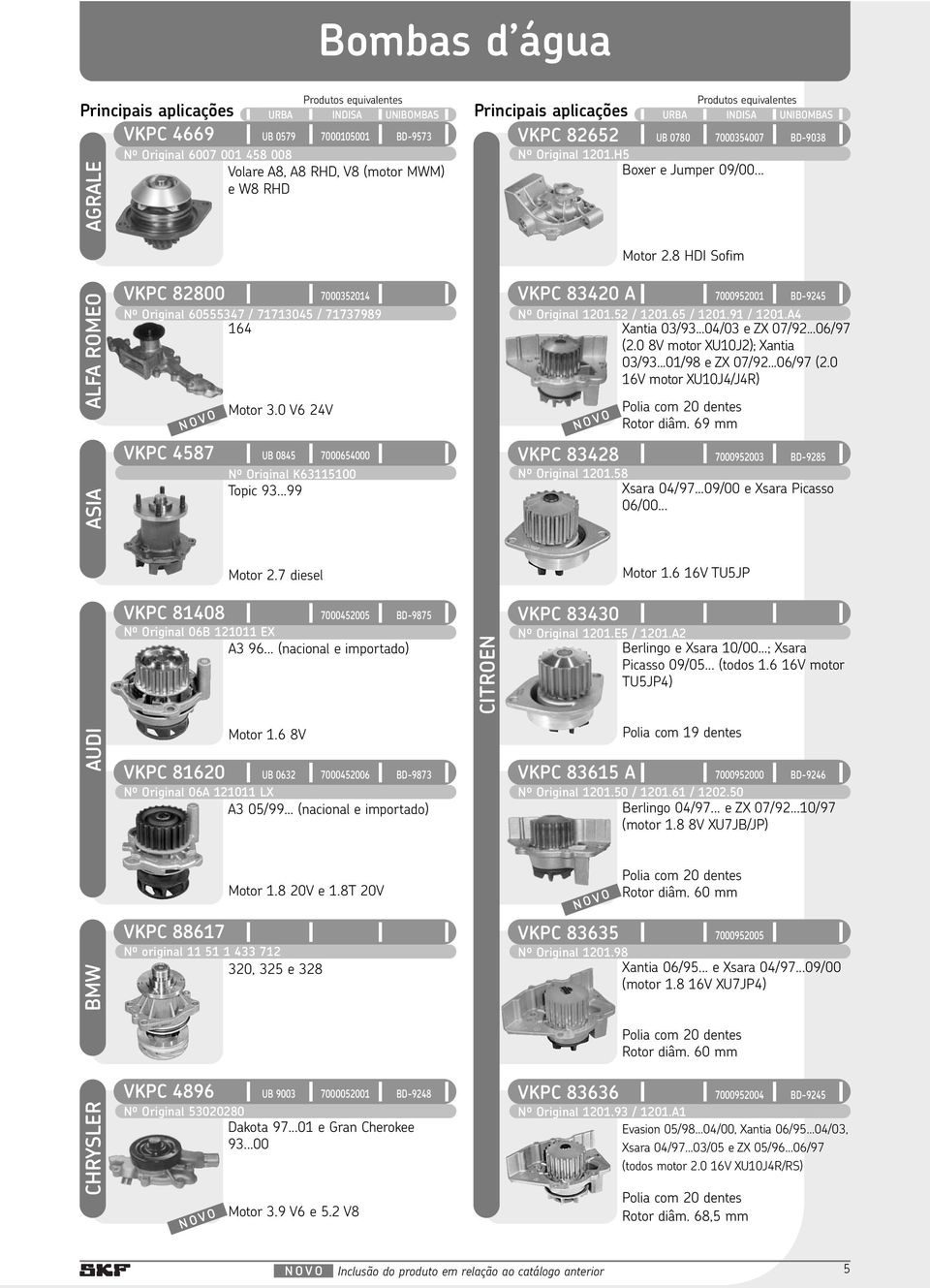 0 V6 24V VKPC 4587 UB 0845 7000654000 Nº Original K63115100 Topic 93...99 Motor 2.7 diesel VKPC 81408 7000452005 BD-9875 Nº Original 06B 121011 EX A3 96... (nacional e importado) Motor 1.