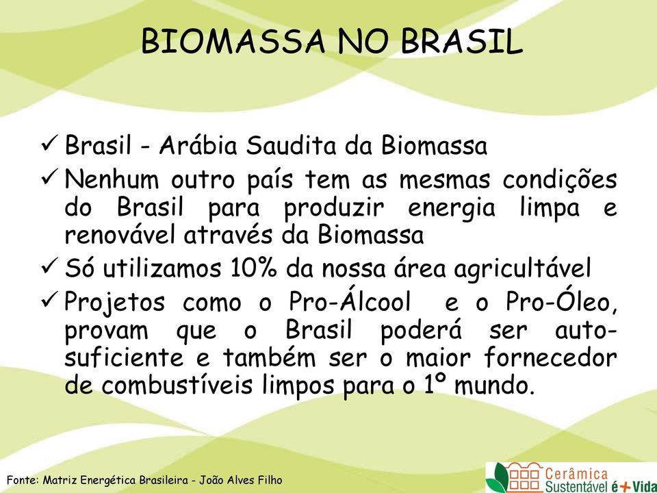 Projetos como o Pro-Álcool e o Pro-Óleo, provam que o Brasil poderá ser autosuficiente e também ser o