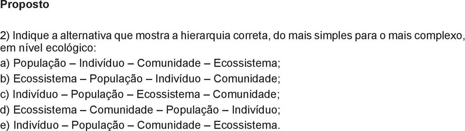 Ecossistema População Indivíduo Comunidade; c) Indivíduo População Ecossistema