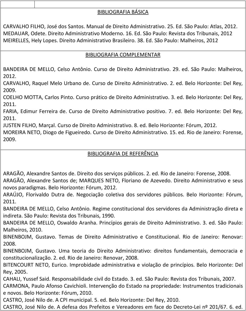 Curso de Direito Administrativo. 2. ed. Belo Horizonte: Del Rey, 2009. COELHO MOTTA, Carlos Pinto. Curso prático de Direito Administrativo. 3. ed. Belo Horizonte: Del Rey, 2011.