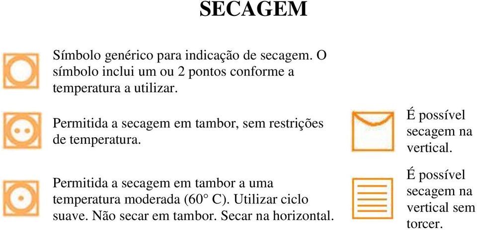 Permitida a secagem em tambor, sem restrições de temperatura.