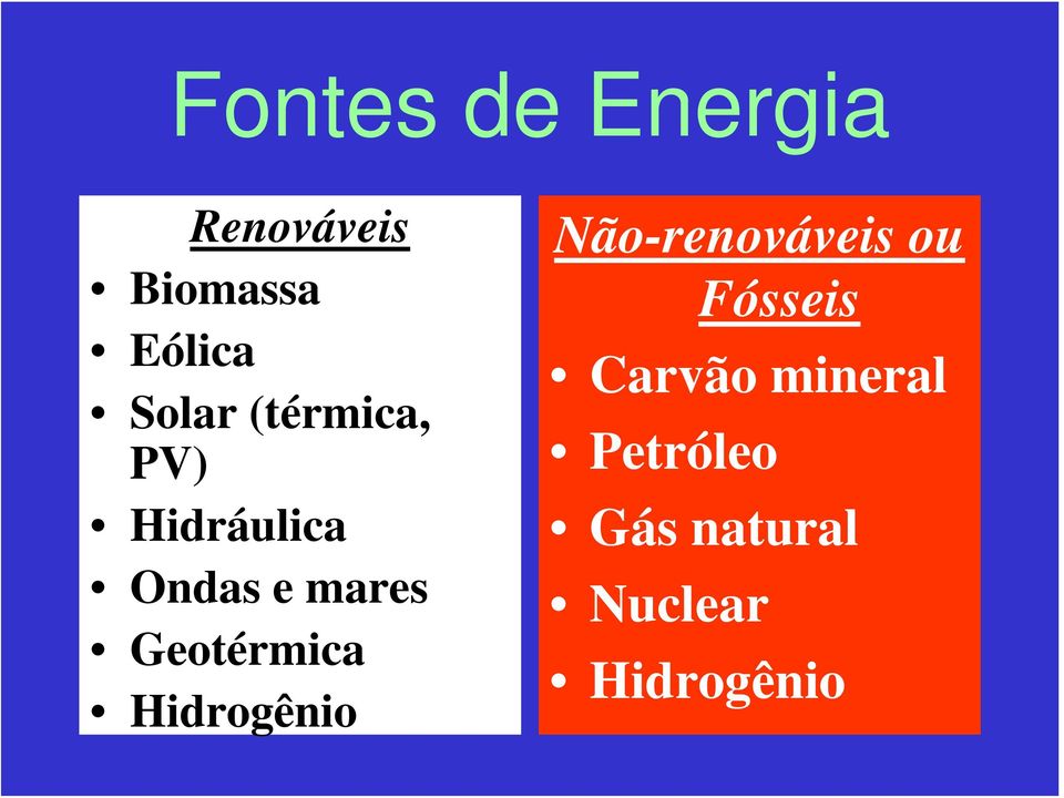 Geotérmica Hidrogênio Não-renováveis ou Fósseis