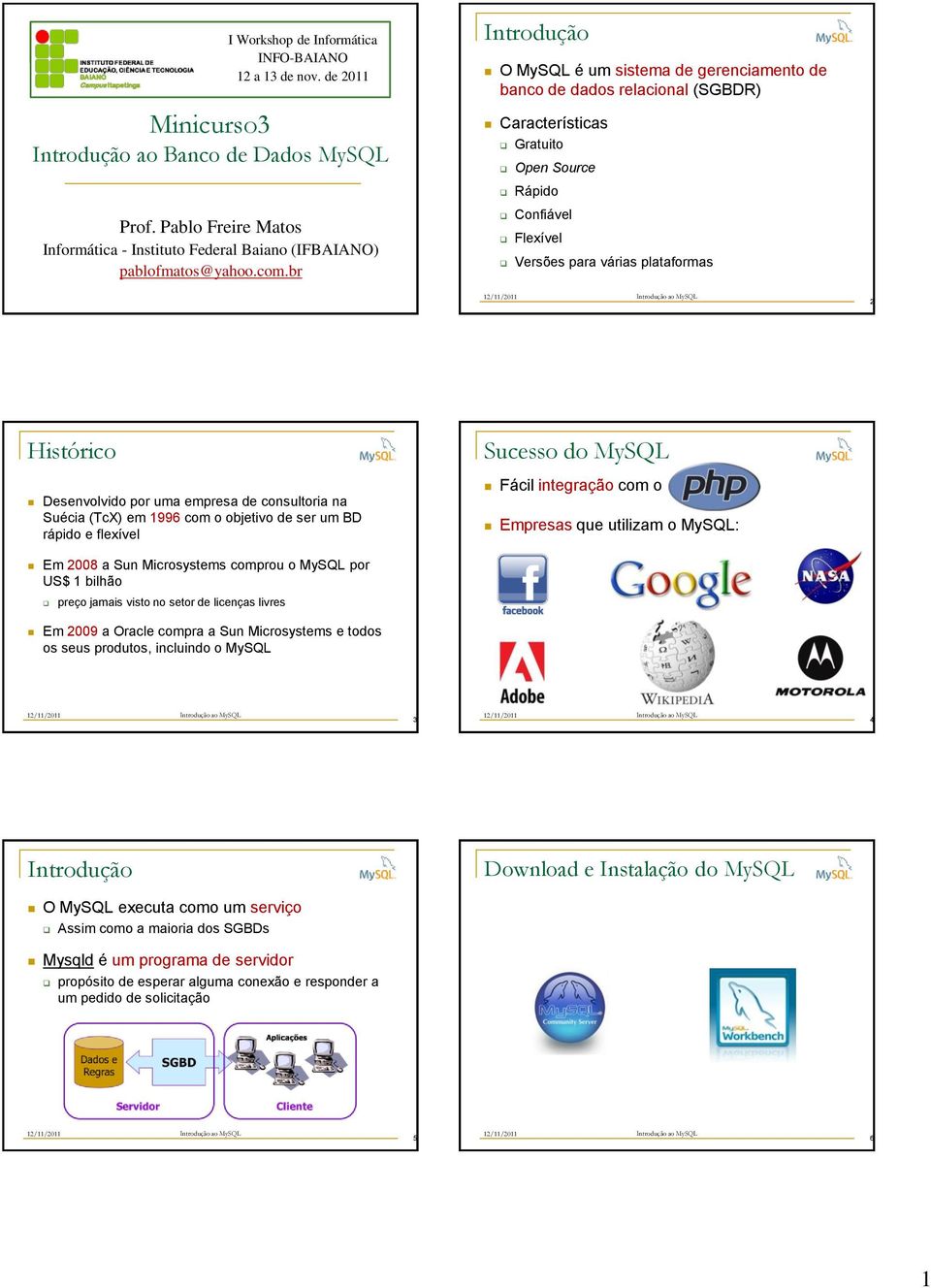 br Introdução O MySQL é um sistema de gerenciamento de banco de dados relacional (SGBDR) Características Gratuito Open Source Rápido Confiável Flexível Versões para várias plataformas 2 Histórico