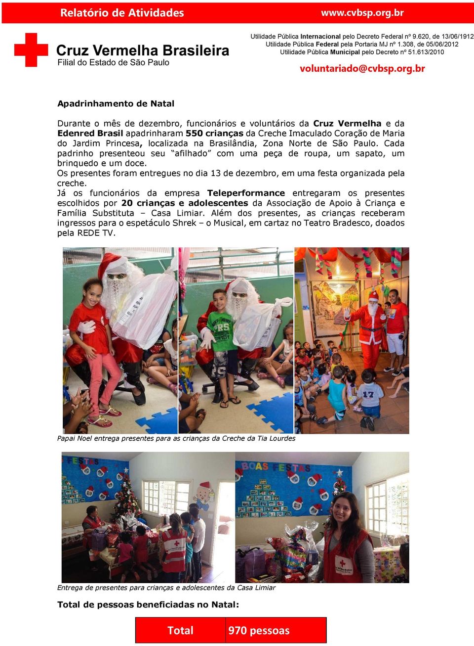 Os presentes foram entregues no dia 13 de dezembro, em uma festa organizada pela creche.