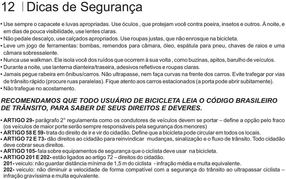 Leve um jogo de ferramentas: bombas, remendos para câmara, óleo, espátula para pneu, chaves de raios e uma câmara sobressalente. Nunca use walkman.