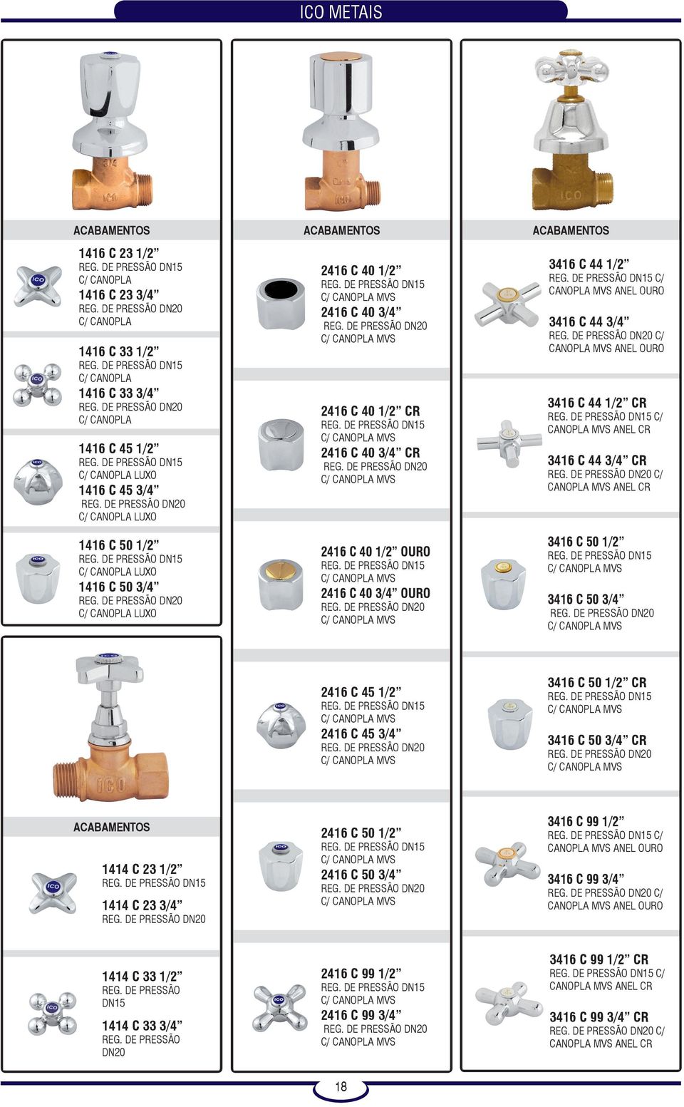 DE PRESSÃO DN20 C/ CANOPLA LUXO 2416 C 40 1/2 REG. DE PRESSÃO DN15 2416 C 40 3/4 REG. DE PRESSÃO DN20 2416 C 40 1/2 CR REG. DE PRESSÃO DN15 2416 C 40 3/4 CR REG.