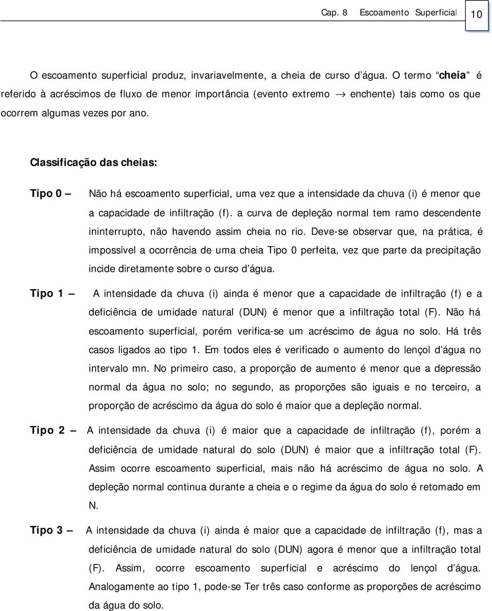 Classificação das cheias: Tipo 0 Tipo 1 Não há escoamento superficial, uma vez que a intensidade da chuva (i) é menor que a capacidade de infiltração (f).