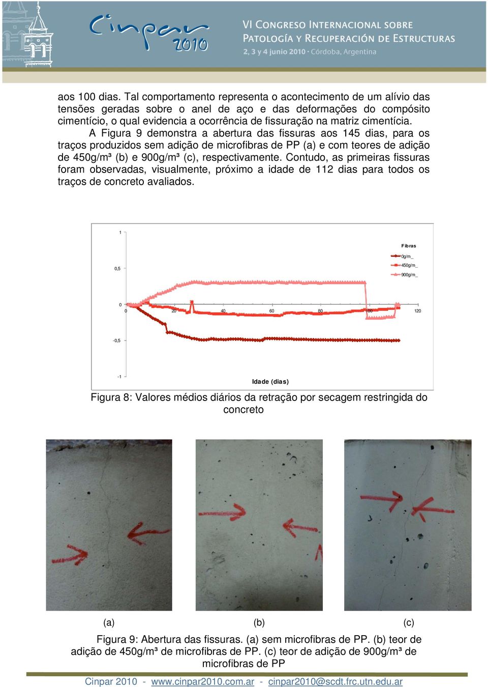 cimentícia. A Figura 9 demonstra a abertura das fissuras aos 145 dias, para os traços produzidos sem adição de microfibras de PP (a) e com teores de adição de 450g/m (b) e 900g/m (c), respectivamente.