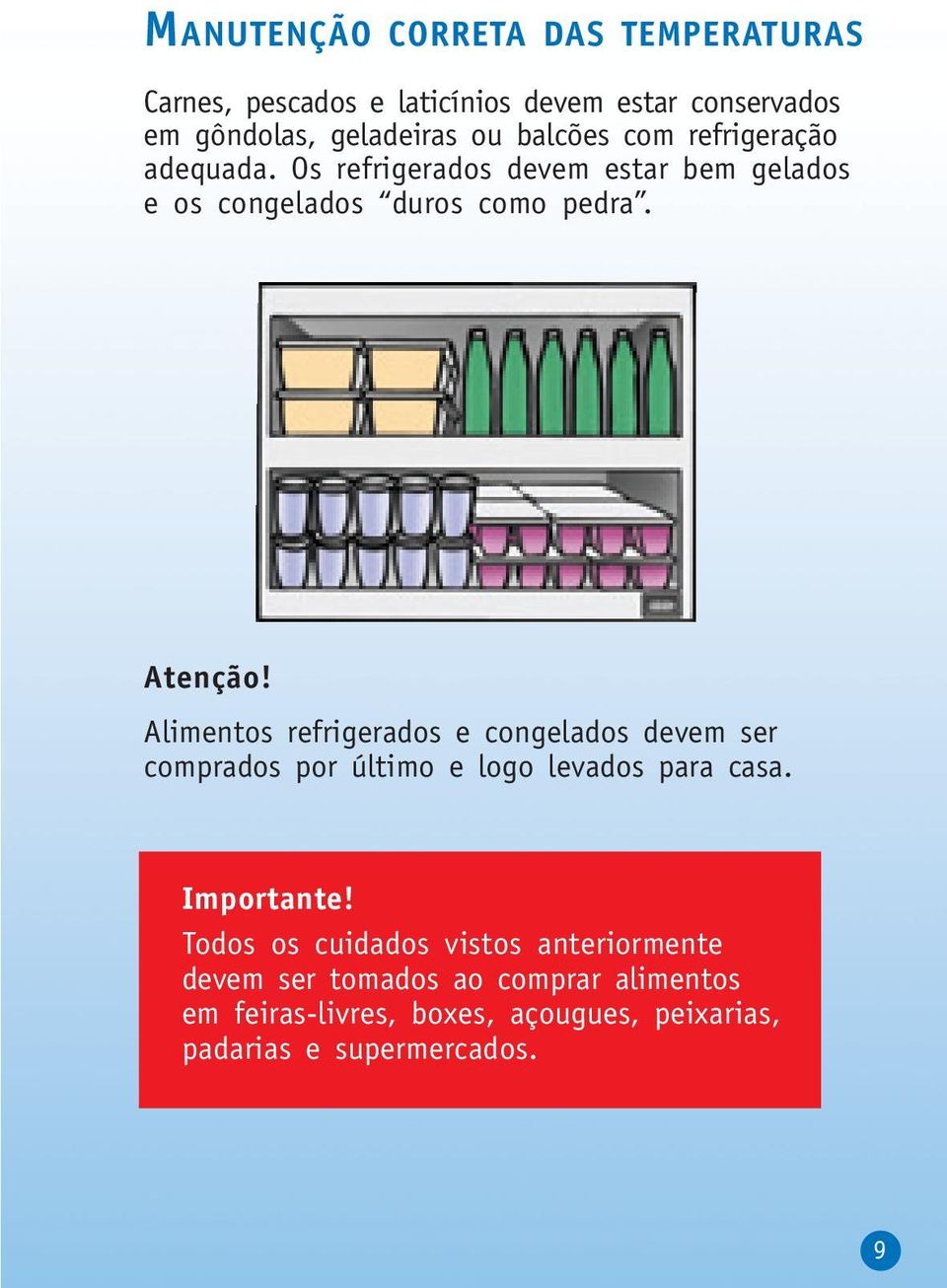 Alimentos refrigerados e congelados devem ser comprados por último e logo levados para casa. Importante!