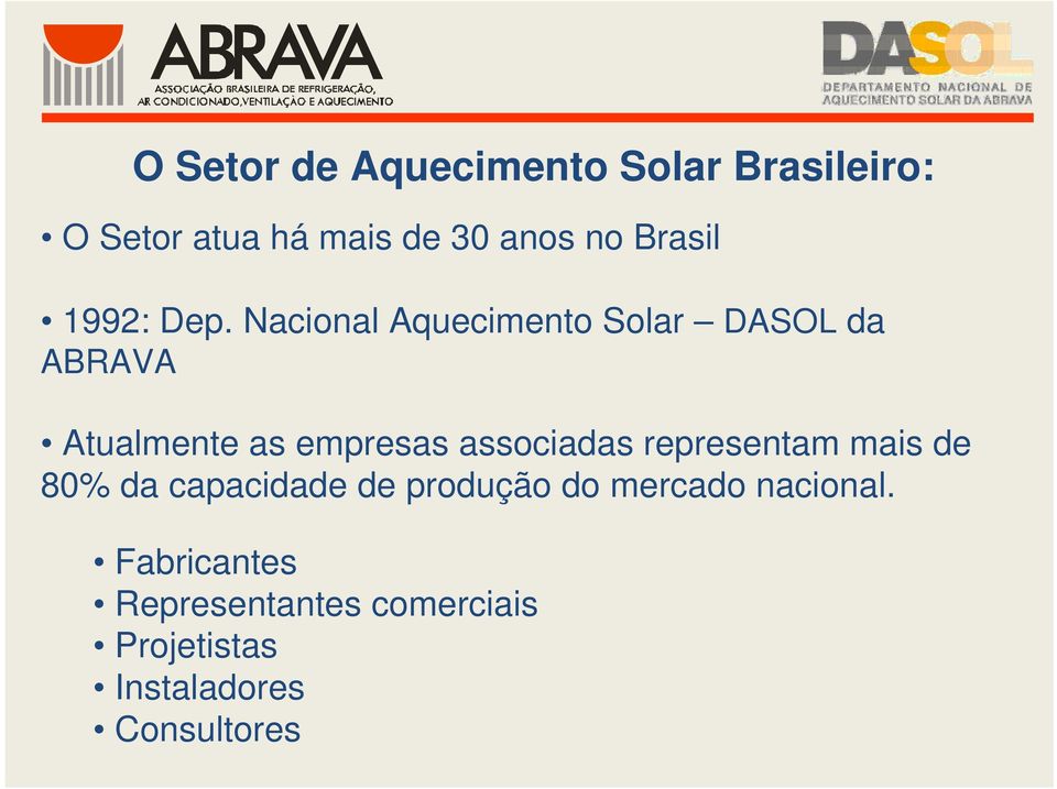 Nacional Aquecimento Solar DASOL da ABRAVA Atualmente as empresas associadas
