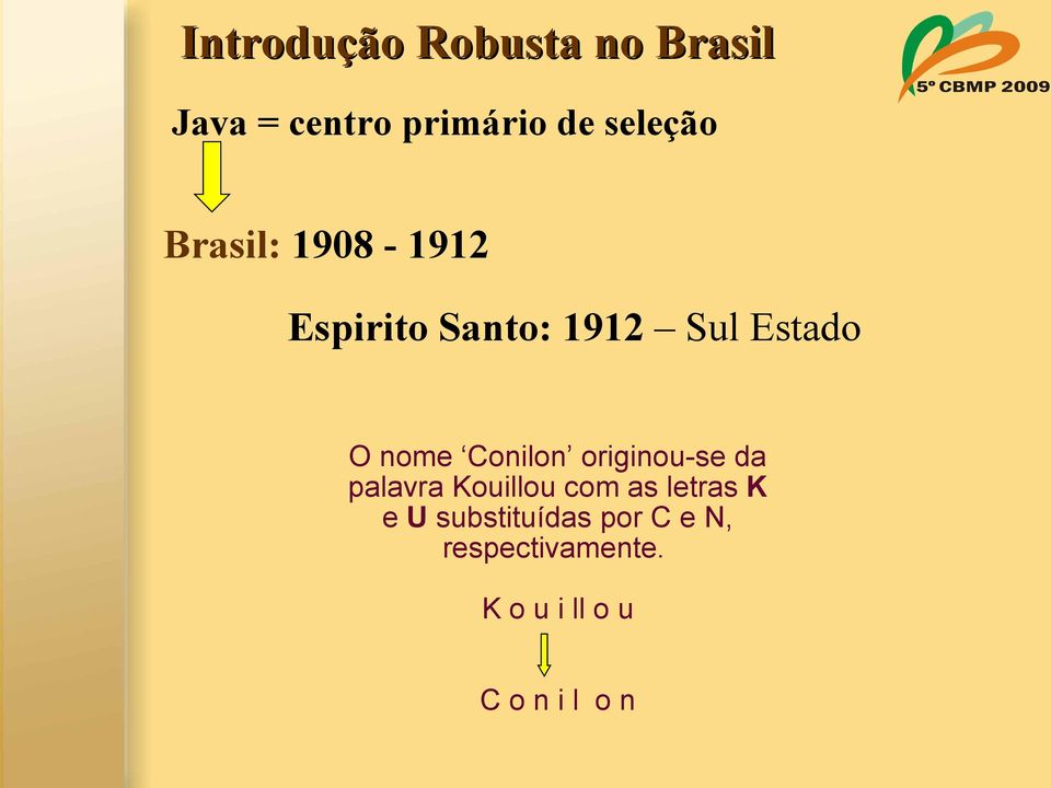 nome Conilon originou-se da palavra Kouillou com as letras K