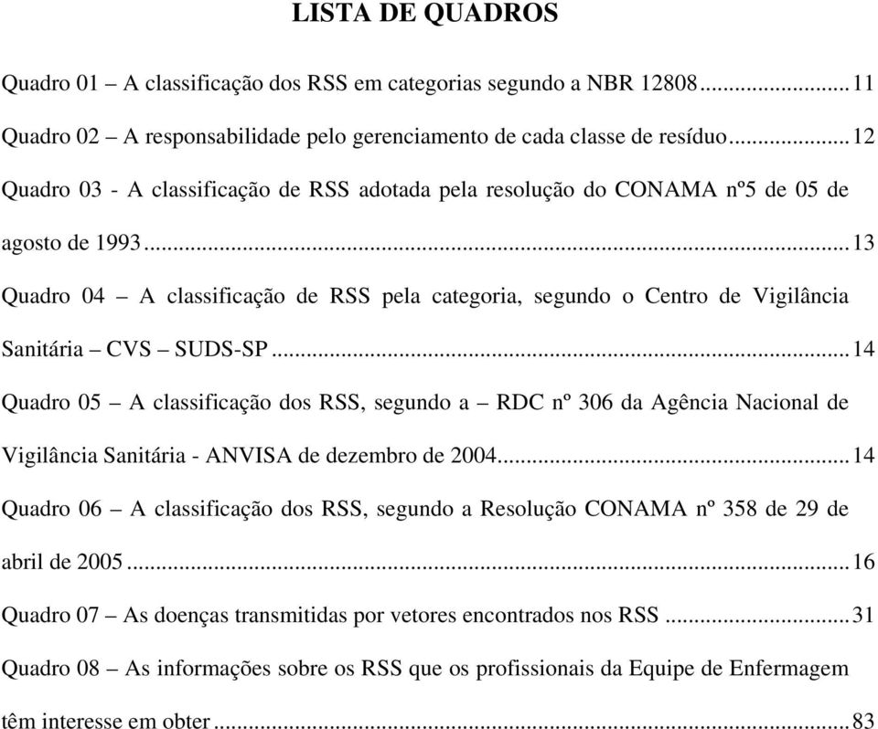 ..13 Quadro 04 A classificação de RSS pela categoria, segundo o Centro de Vigilância Sanitária CVS SUDS-SP.