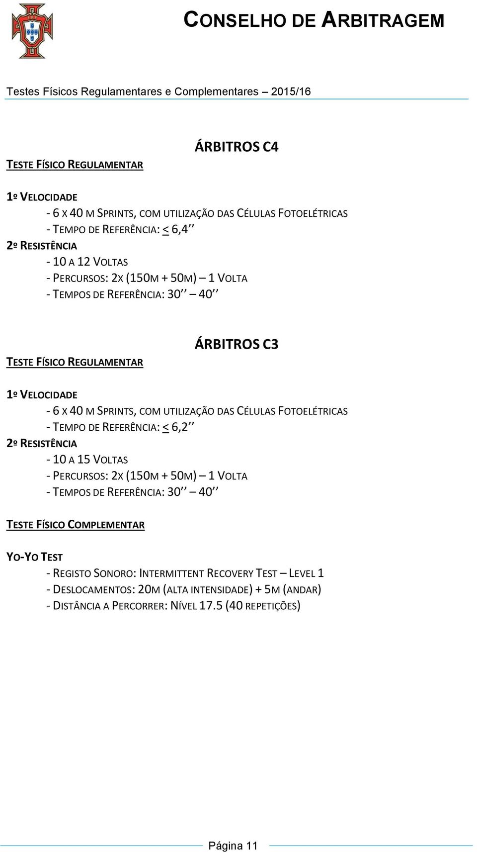 (150M + 50M) 1 VOLTA - TEMPOS DE REFERÊNCIA: 30 40 TESTE FÍSICO COMPLEMENTAR YO-YO TEST - REGISTO SONORO: INTERMITTENT