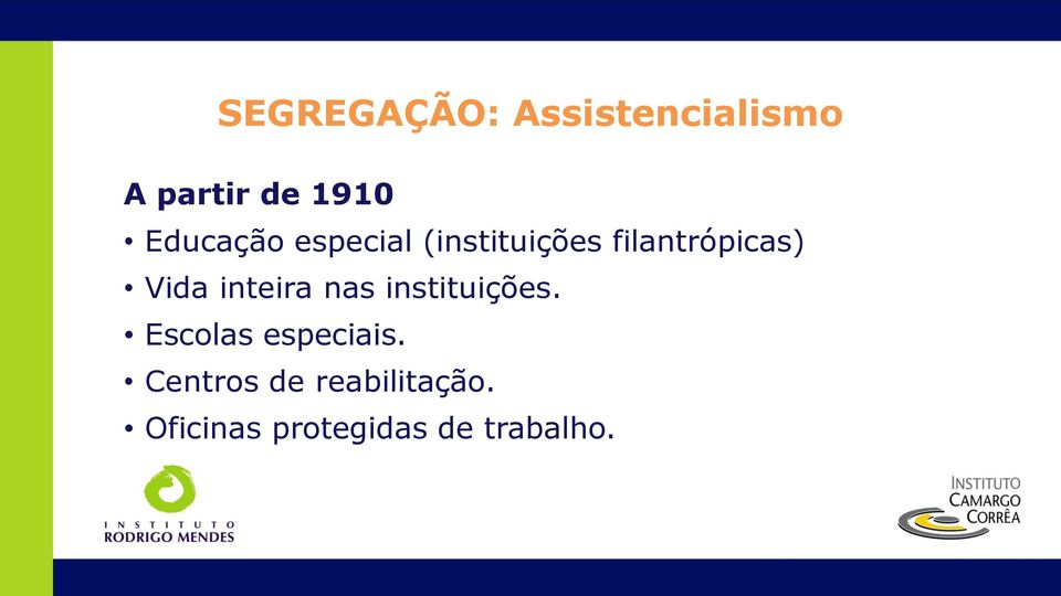 Vida inteira nas instituições. Escolas especiais.