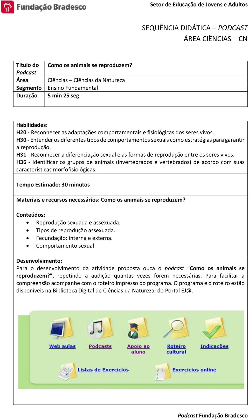 H30 - Entender os diferentes tipos de comportamentos sexuais como estratégias para garantir a reprodução. H31 - Reconhecer a diferenciação sexual e as formas de reprodução entre os seres vivos.