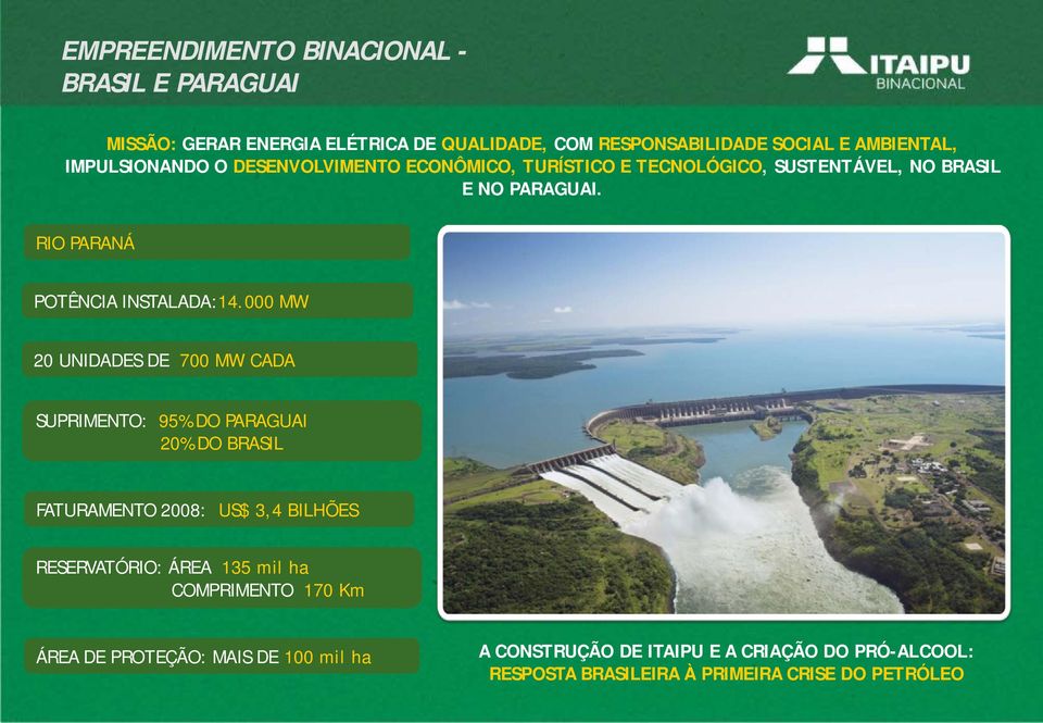 000 MW 20 UNIDADES DE 700 MW CADA SUPRIMENTO: 95% DO PARAGUAI 20% DO BRASIL FATURAMENTO 2008: US$ 3,4 BILHÕES RESERVATÓRIO: ÁREA 135 mil ha