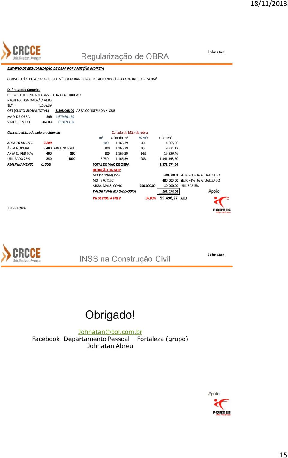 093,39 Conceito utilizado pela previdencia Calculo da Mão-de-obra m² valor do m2 % MO valor MO ÁREA TOTAL UTILI 7.200 100 1.166,39 4% 4.665,56 ÁREA NORMAL 5.400 ÁREA NORMAL 100 1.166,39 8% 9.