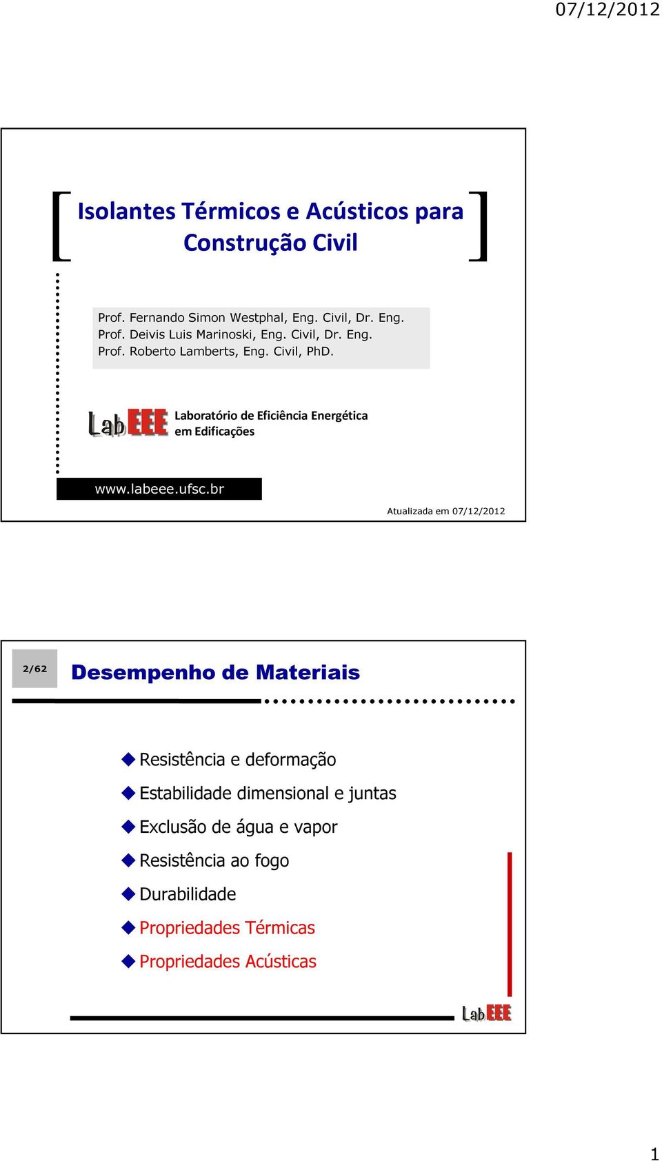 ufsc.br Atualizada em 07/12/2012 2/62 Desempenho de Materiais Resistência e deformação Estabilidade dimensional e juntas