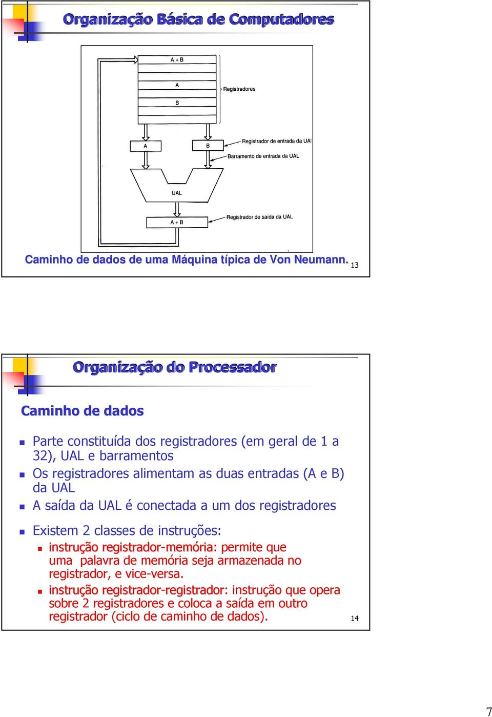 entradas (A e B) da UAL A saída da UAL é conectada a um dos registradores Existem 2 classes de instruções: instrução registrador-mem memória: permite que uma