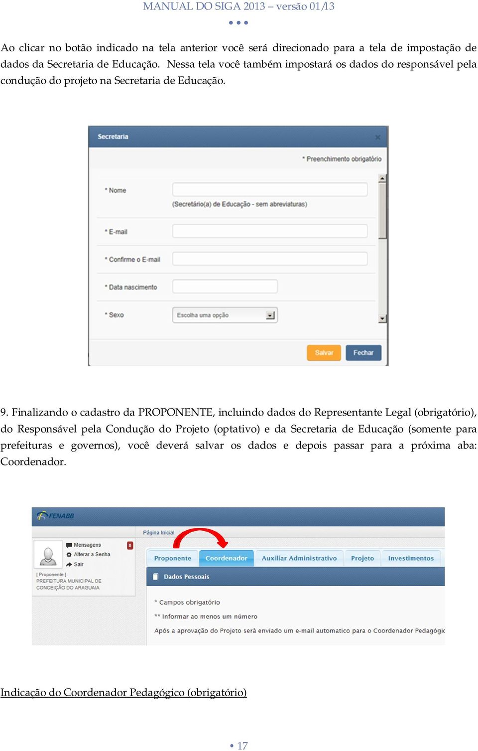 Finalizando o cadastro da PROPONENTE, incluindo dados do Representante Legal (obrigatório), do Responsável pela Condução do Projeto (optativo) e