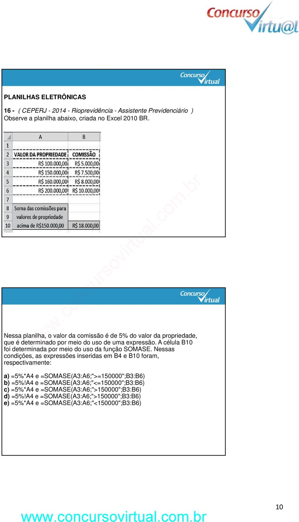 A célula B10 foi determinada por meio do uso da função SOMASE.