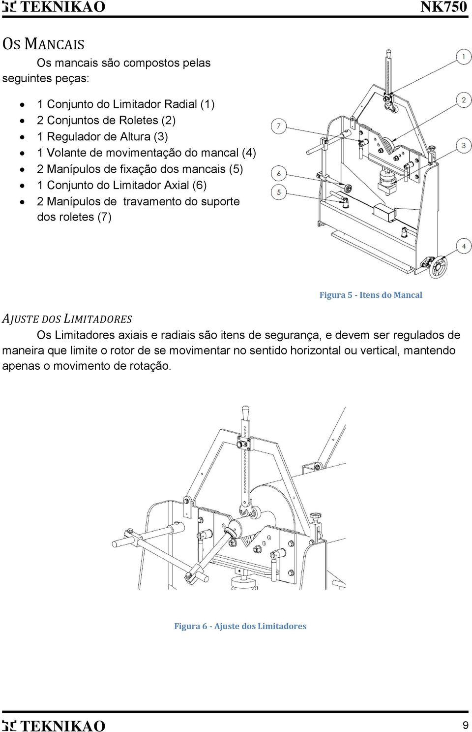 roletes (7) Figura 5 - Itens do Mancal AJUSTE DOS LIMITADORES Os Limitadores axiais e radiais são itens de segurança, e devem ser regulados de maneira