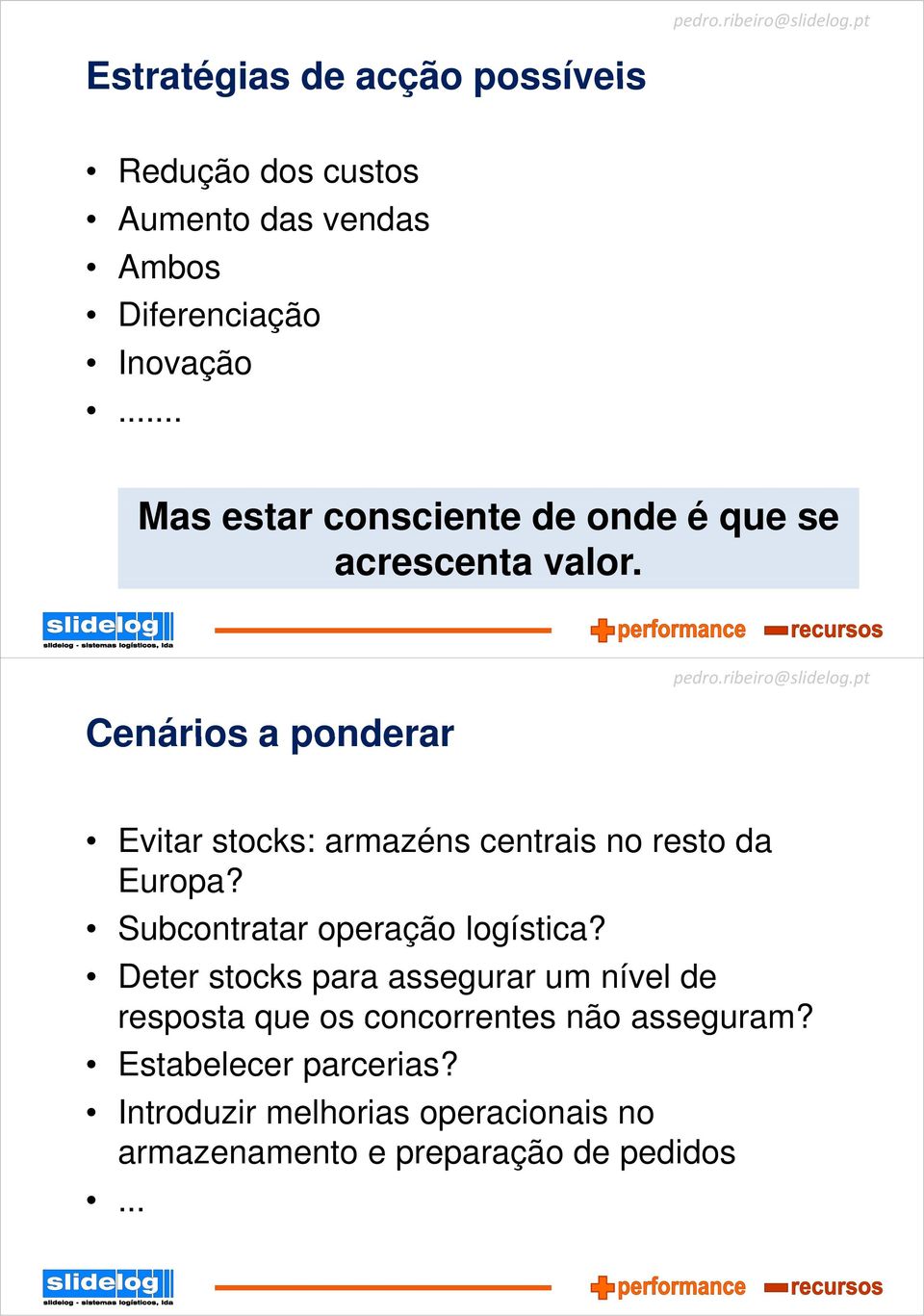 Cenários a ponderar Evitar stocks: armazéns centrais no resto da Europa? Subcontratar operação logística?