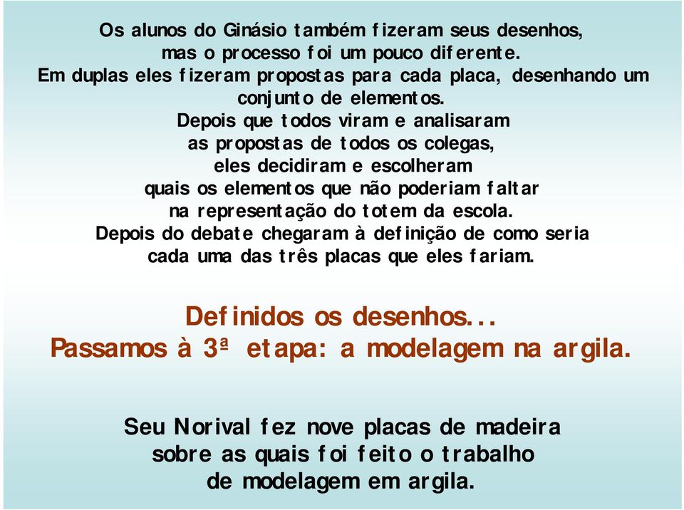 Depois que todos viram e analisaram as propostas de todos os colegas, eles decidiram e escolheram quais os elementos que não poderiam faltar na