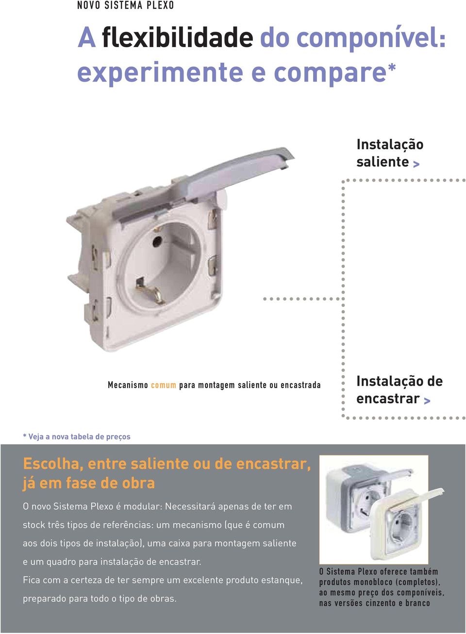 referências: um mecanismo (que é comum aos dois tipos de instalação), uma caixa para montagem saliente e um quadro para instalação de encastrar.