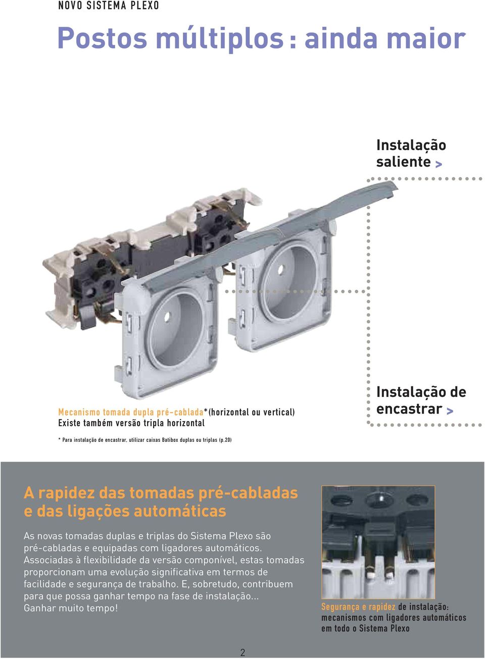 20) A rapidez das tomadas pré-cabladas e das ligações automáticas As novas tomadas duplas e triplas do Sistema Plexo são pré-cabladas e equipadas com ligadores automáticos.