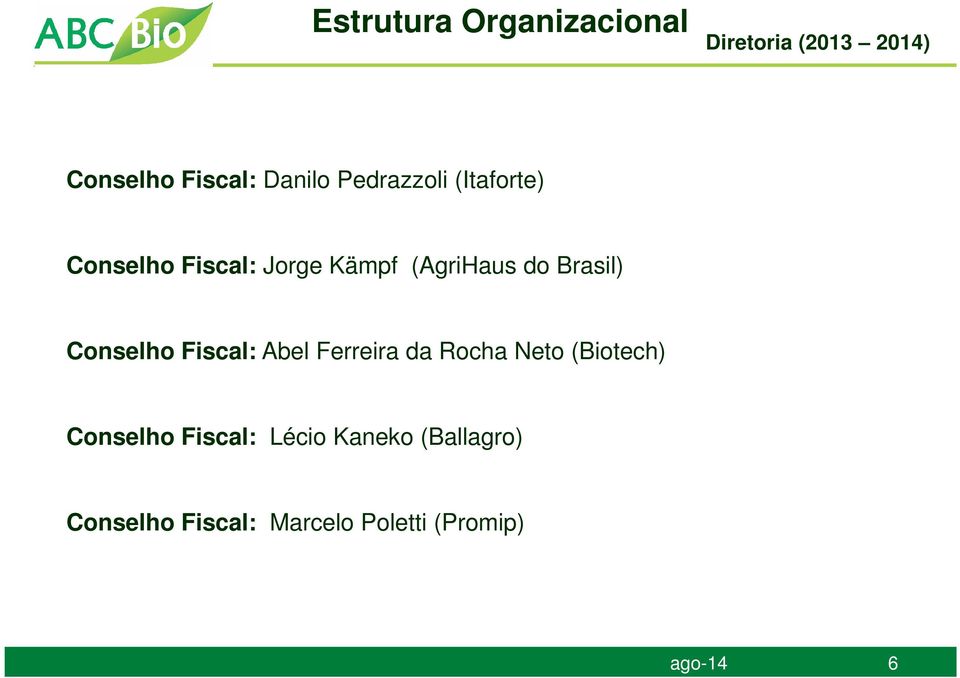 Conselho Fiscal: Abel Ferreira da Rocha Neto (Biotech) Conselho Fiscal: