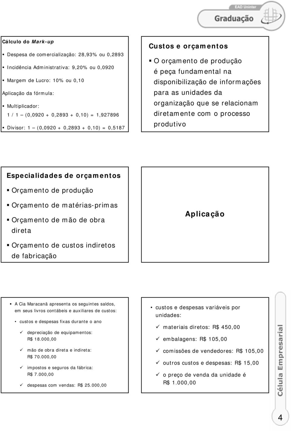 relacionam diretamente com o processo produtivo Especialidades de orçamentos Orçamento de produção Orçamento de matérias-primas Orçamento de mão de obra direta Aplicação Orçamento de custos indiretos