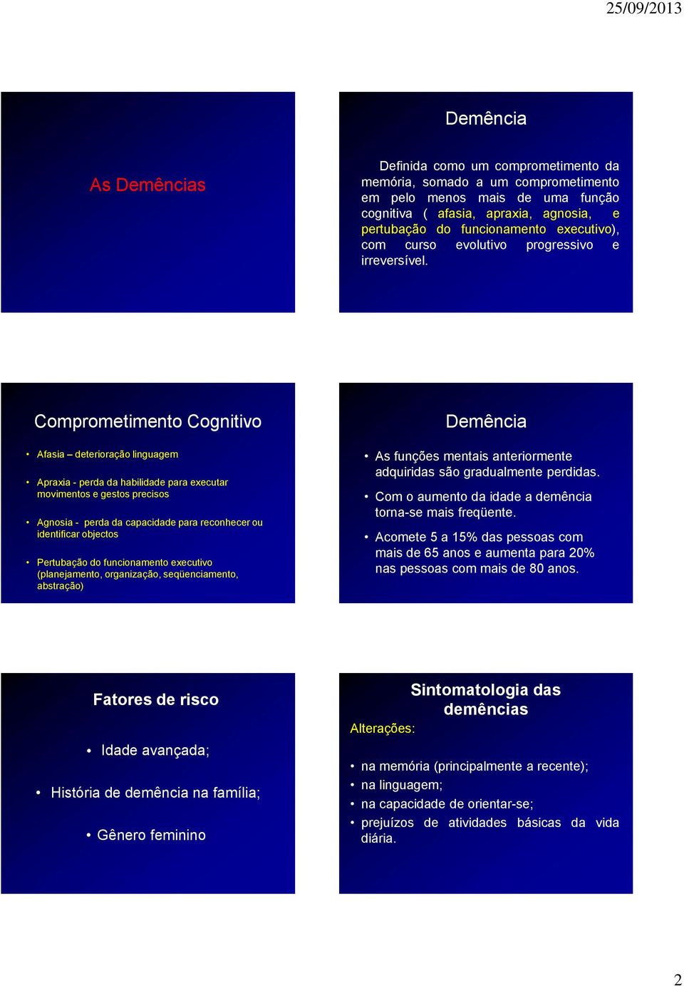 Comprometimento Cognitivo Afasia deterioração linguagem Apraxia - perda da habilidade para executar movimentos e gestos precisos Agnosia - perda da capacidade para reconhecer ou identificar objectos