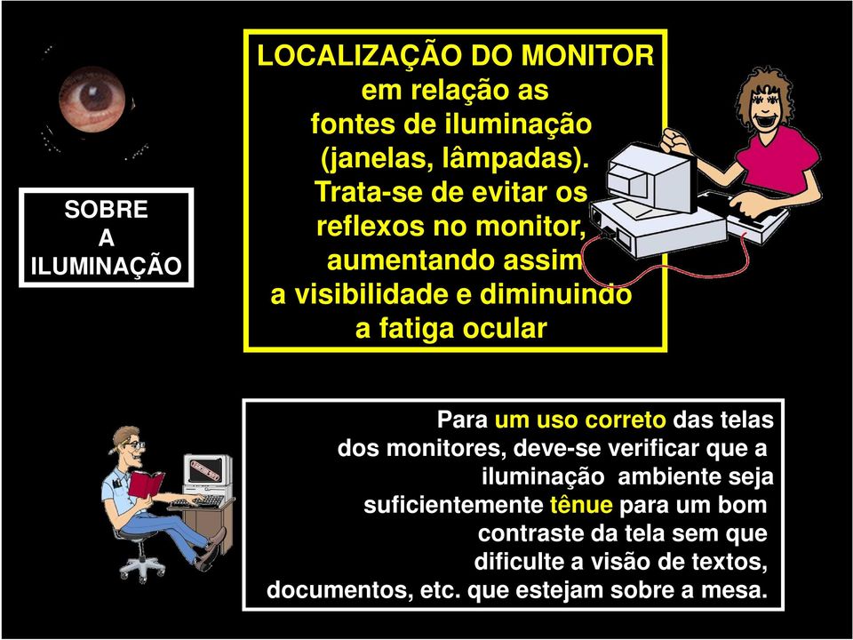 Para um uso correto das telas dos monitores, deve-se verificar que a iluminação ambiente seja