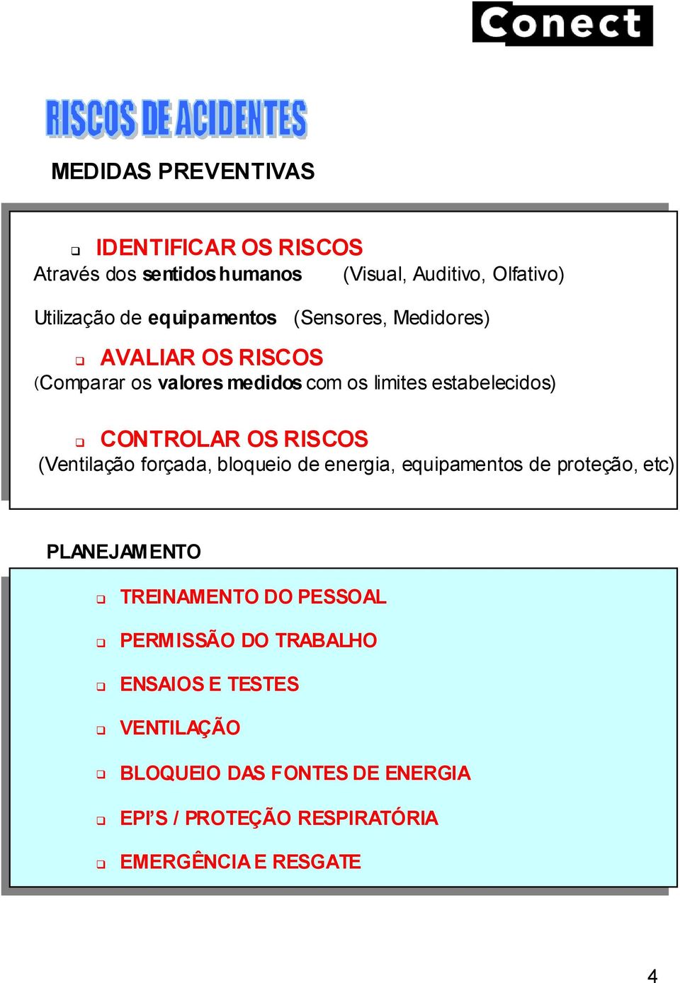 OS RISCOS (Ventilação forçada, bloqueio de energia, equipamentos de proteção, etc) PLANEJAMENTO TREINAMENTO DO PESSOAL