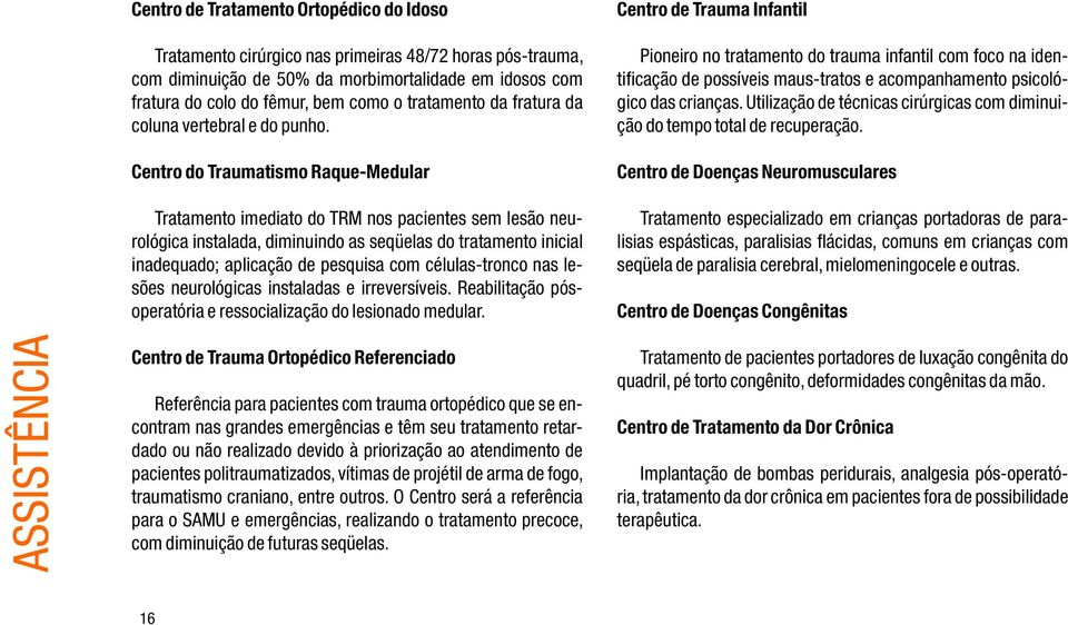 Centro do Traumatismo Raque-Medular Tratamento imediato do TRM nos pacientes sem lesão neurológica instalada, diminuindo as seqüelas do tratamento inicial inadequado; aplicação de pesquisa com