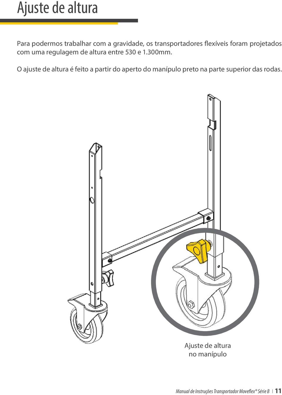 O ajuste de altura é feito a partir do aperto do manípulo preto na parte superior