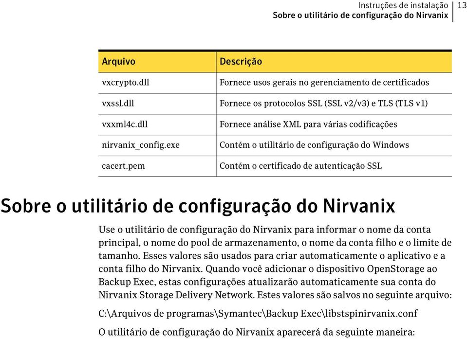 configuração do Windows Contém o certificado de autenticação SSL Sobre o utilitário de configuração do Nirvanix Use o utilitário de configuração do Nirvanix para informar o nome da conta principal, o
