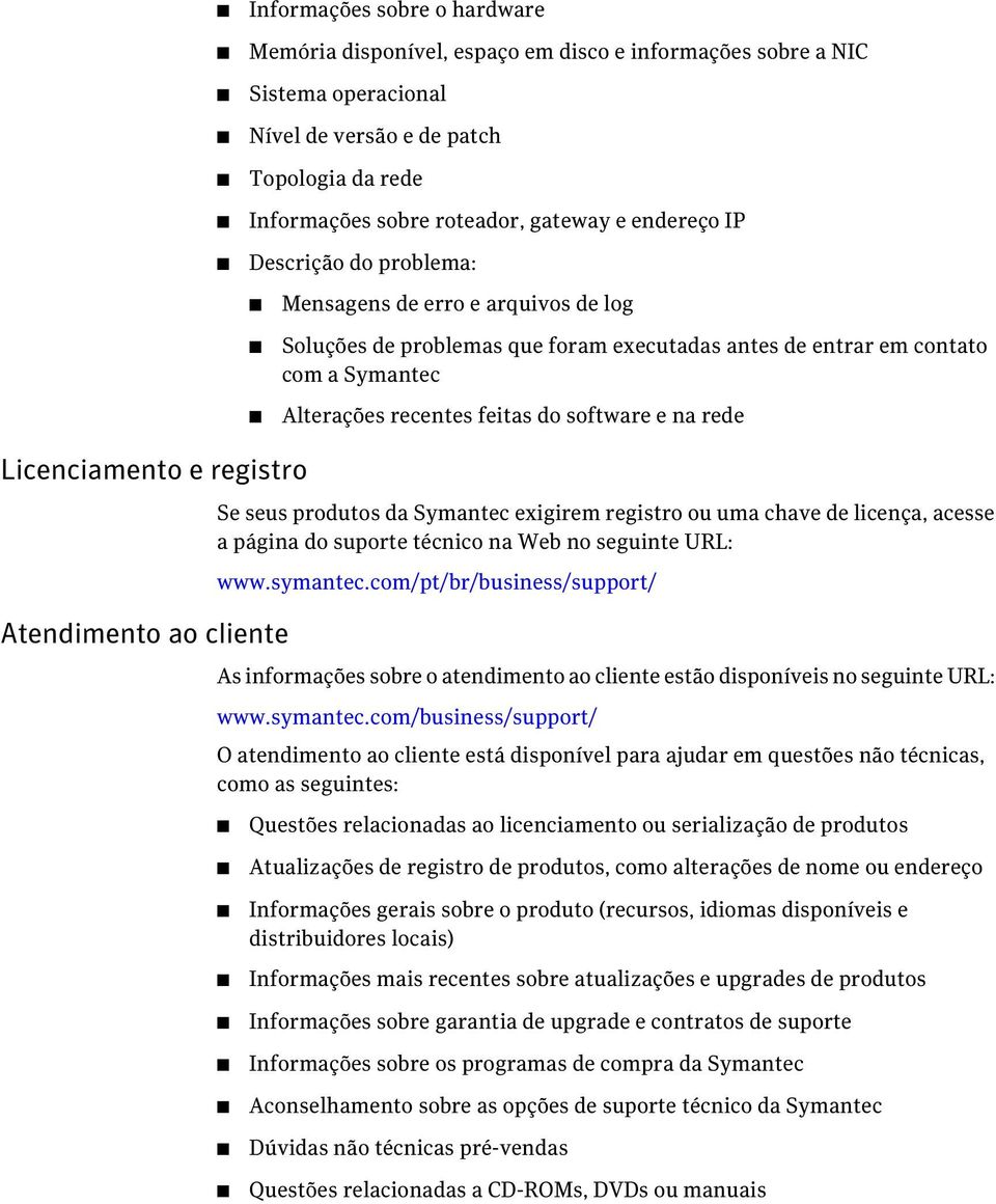 rede Licenciamento e registro Atendimento ao cliente Se seus produtos da Symantec exigirem registro ou uma chave de licença, acesse a página do suporte técnico na Web no seguinte URL: www.symantec.